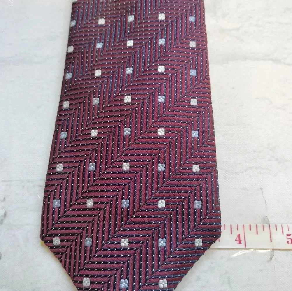 XMI PLATINUM SILK NECKTIE TIE MAROON WHITE DOTS HANDMADE